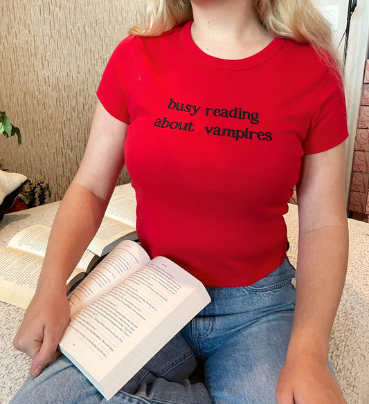 Busy Reading About Vampires Bookish Baby Tee PRE-ORDER